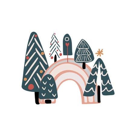 Boho winter holidays elements in hand drawn style. Christmas vector decoration. Scandinavian Christmas landscape, christmas trees and snow in retro colors. Greeting cards, posters, invitation and baby print designのイラスト素材