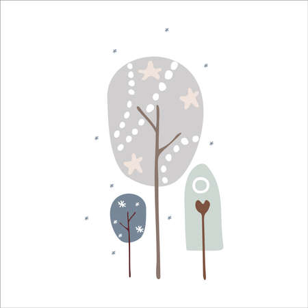 Boho winter holidays elements in hand drawn style. Christmas vector decoration. Scandinavian Christmas landscape, christmas trees, trees and snow. Greeting cards, posters, invitation and baby print designのイラスト素材