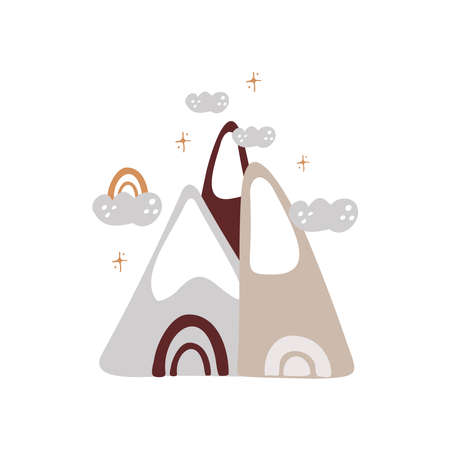 Boho winter holidays elements in hand drawn style. Christmas vector decoration. Scandinavian Christmas landscape, mountains, christmas trees and snow in retro color. Greeting cards, posters, invitation and baby print designのイラスト素材