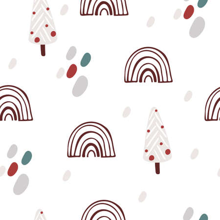 Seamless pattern in boho style. Vintage winter, Christmas elements, winter decorations and abstract elements. Design for textiles, cards, invitations, wrapping paper and boxes. hand drawn elementsのイラスト素材