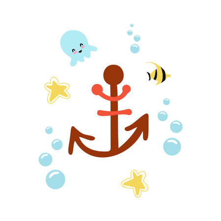 Cute kids pirate print. Hand-drawn funny vector clipart. Jellyfish, fish, bubble and anchor...