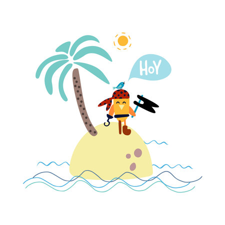 Cute kids pirate print. Hand-drawn funny vector clipart. Pirate bird on an island with a palm tree in the sea. Hoy lettering. Decoration of celebrations, posters, invitations and children's textiles.のイラスト素材