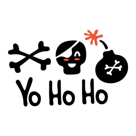 Cute kids pirate print. Hand-drawn funny vector clipart. Cute black skulls, bones and Yo ho ho lettering. Decoration of celebrations, posters, invitations and children's textiles.のイラスト素材