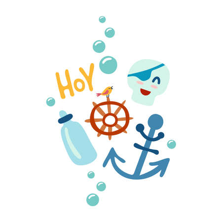 Cute kids pirate print. Hand-drawn funny vector clipart. Pirate skull, bottle, anchor and steering wheel. Hoy lettering. Decoration of celebrations, posters, invitations and children's textiles.のイラスト素材