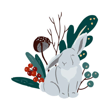 Autumn design in flat style, natural fall elements. Hand-drawn a hare are sitting surrounded by leaves, berries and mushroom. Magic Isolated vector illustration on white background for postcards, textiles, websites and social mediaのイラスト素材