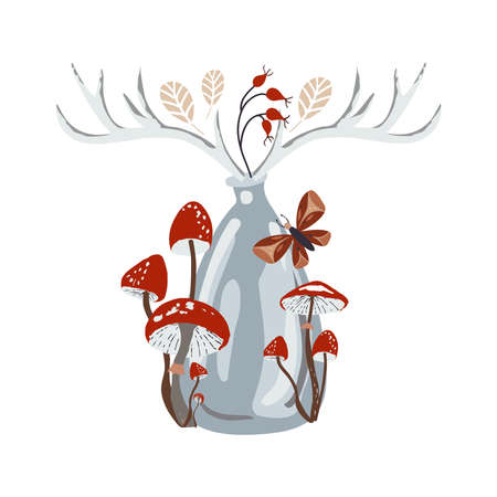 Autumn design in flat style, natural fall elements. Hand-drawn amanita mushrooms, moth, berry, deer horns and vase. Magic Isolated vector illustration on white background for postcards, textiles, websites and social mediaのイラスト素材