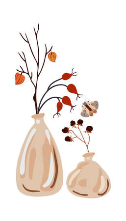 Autumn design in flat style, natural fall elements. Hand-drawn abstract vases with moth and autumn brunches. Decorative Isolated vector illustration on white background for postcards, textiles, websites and social mediaのイラスト素材