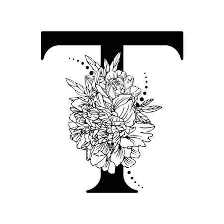 Vector flower alphabet. Floral design of letter T. Decoration of wedding invitations, cards, business cards of florists. Beautiful delicate peonies flowers in a line styleのイラスト素材