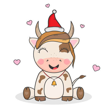 A cartoon Bull, the symbol of 2021. Cute, new year's bull on a white background. Illustration for postcards, banners, websites, office supplies. Happy New Year!のイラスト素材