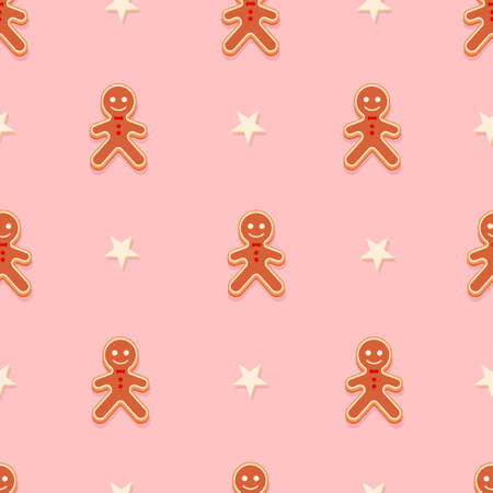 Christmas gingerbread men seamless pattern on pink background. Trend illustration for gift wrapping, stationery, wrapping paper, postcards.のイラスト素材