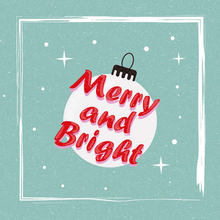Design of greeting Christmas card, invitation 2021 with vintage style "Merry and Bright". Postcard for letters, gifts, envelopes, banners, invitations. Trendy vintage greeting card.のイラスト素材