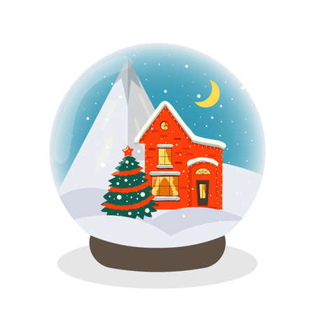Christmas snow globe with a house, garland, Christmas tree, moon, mountains and snow. New year's gift and festive mood. Glass ball with snow.のイラスト素材