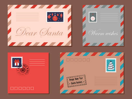 Dear Santa set of Christmas letter in a stamped envelope.Vintage envelopes for letters to Santa Claus. Vector envelopes on the theme of Christmas and New year with postage stamps and postmarksのイラスト素材