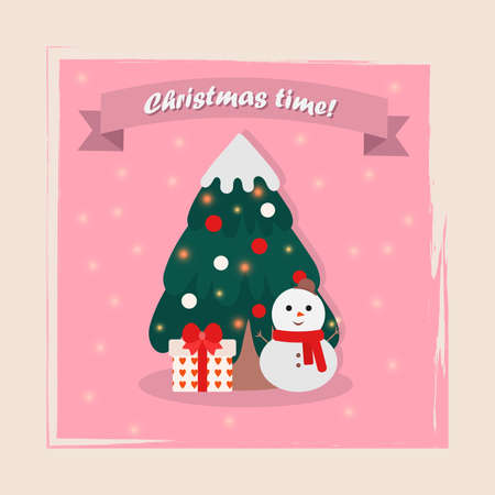 Christmas time greeting card. Gifts, snowman, garland, Christmas tree on a pink background. Winter vintage greeting card design. Invitation, template, greeting, website, background, office. Vectorの写真素材