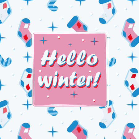 Design of the Christmas card. Hello winter. Christmas socks with patches on a light background. Greeting card for invitations, greetings, posters, social networks, banners. Winter template. Vectorのイラスト素材