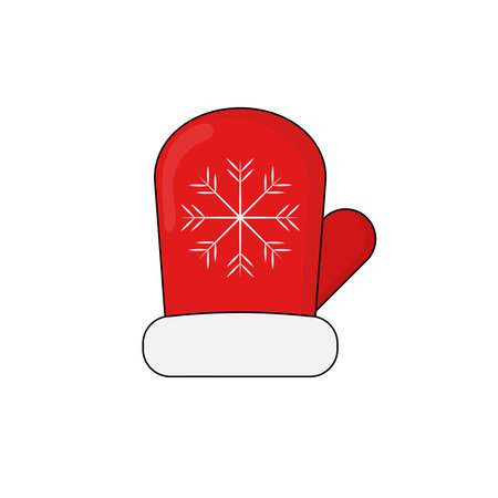 Red mitten on a white background. Mitten, glove with snowflake pattern. Santa Claus Clothes. Winter element of clothing. Vector illustrationのイラスト素材
