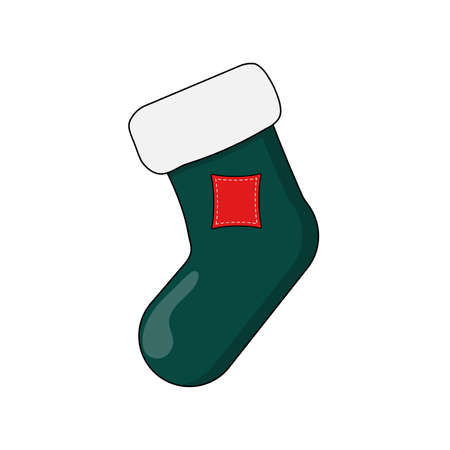 Green sock with patch on a white background. Winter Christmas element of Santas clothing. Fancy socks. Vector illustrationのイラスト素材