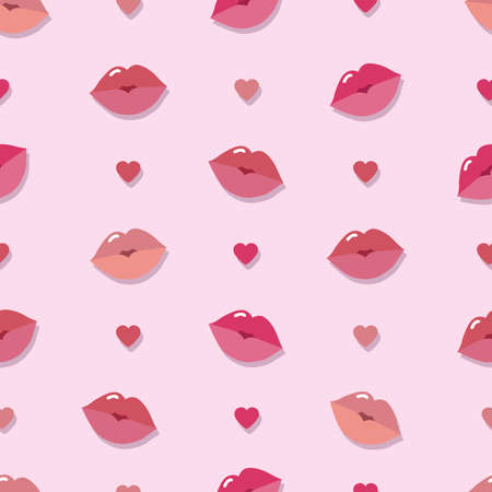 Seamless lips pattern on pink background. Lips, mouth, hearts vector illustration. Pattern for wrapping paper, banners, postcards, backgrounds. Valentines day Vector illustrationのイラスト素材