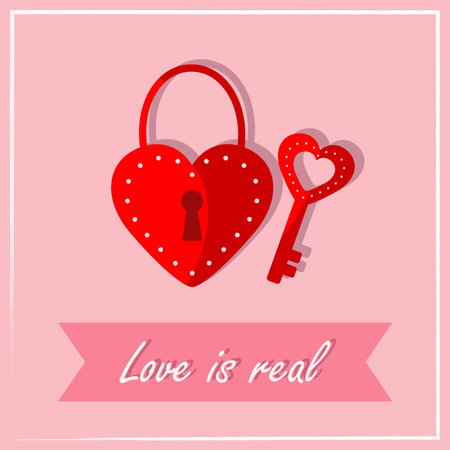 Greeting card design with lock and key for lovers on pink background. Valentines day greeting card template. Trend, illustration for lovers on holiday. Vector illustrationのイラスト素材
