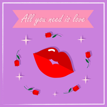 Valentines day cards with lips, roses and stars on a purple background. Greeting card design, we All need love, Valentine card. Modern, illustration for lovers. Vector illustrationのイラスト素材