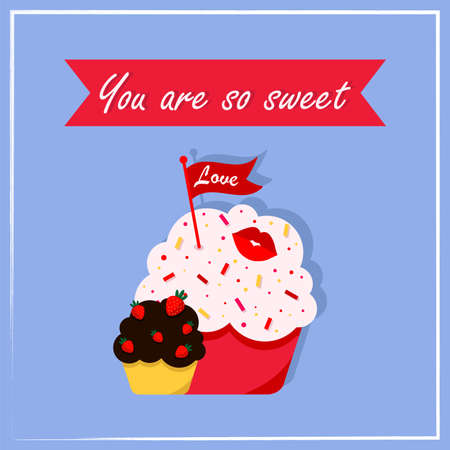 Design of a greeting card for Valentines Day with cakes on a blue background. Youre so sweet, Valentine. Trend, illustration for lovers on holiday. Vector illustrationのイラスト素材