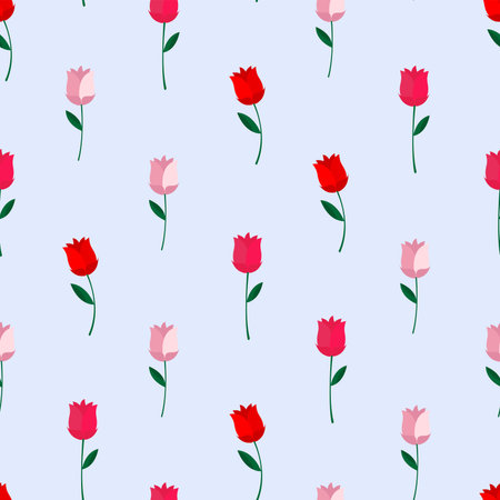 Seamless pattern with red, pink and white roses on blue background. Valentines day. Minimalistic pattern for wrapping paper, fabric, stationery, background, banners, postcards, web pages. Vectorのイラスト素材