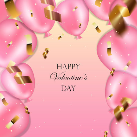 Happy Valentines day banner. Frame of Pink balloons, streamers, sequins and confetti. Banner for greeting cards, invitations, Valentines Day, backgrounds, websites, covers, stationery. High qualityの写真素材