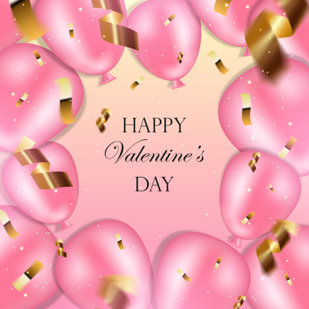Happy Valentines day banner. Frame of Pink balloons, streamers, sequins and confetti. Banner for greeting cards, invitations, Valentines Day, backgrounds, websites, covers, stationery. High qualityの写真素材