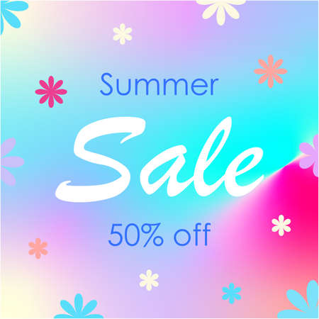 Summer sale. Discount banner, coupon for a discount in the store. Flowers and gradient in the background. Bright, modern banner. Vector illustrationのイラスト素材