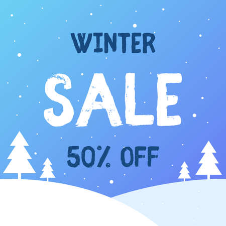 Winter sale. Minimalistic banner with snow and Christmas trees Winter sale. Blue background and snow. Winter discounts. Vector illustration