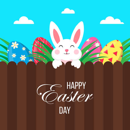 Easter poster with eggs and bunny.Happy Easter Day. Greetings and gifts for Easter in a flat style.Promotion and shopping template. Banner template for Easter. Vector illustrationのイラスト素材