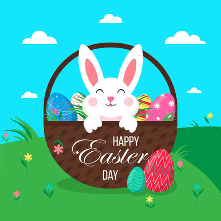 Easter poster with eggs, rabbit, wicker basket.Happy Easter Day. Greetings and gifts for Easter in a flat style.Promotion and purchase template. Banner template for Easter. Vector illustrationのイラスト素材