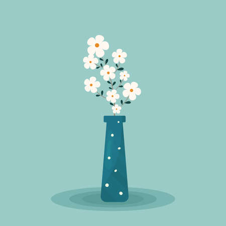 A vase of flowers. Blue vase with circles. White chamomile flowers. Flat illustration with flowers. Vector illustrationのイラスト素材