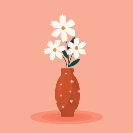 A vase of flowers. Orange vase with hearts. White chamomile flowers. Flat illustration with flowers. Vector illustrationのイラスト素材