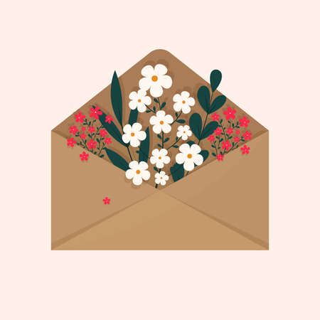 A bouquet of flowers inside the envelope on a light background. Flat illustration design....