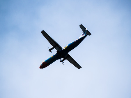 Chiang Mai Thailand -May 28 : ATR-72 of Bangkok AirwaysThailand. Landing to Chiangmai airport 28/05/2015 Place airspace in Chiang mai Thailandのeditorial素材