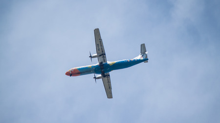 Chiang Mai Thailand -May 28 : ATR-72 of Bangkok AirwaysThailand. Landing to Chiangmai airport 28/05/2015 Place airspace in Chiang mai Thailandのeditorial素材