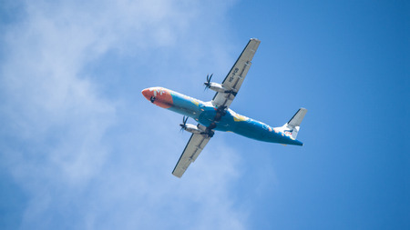 Chiang Mai Thailand -May 28 : ATR-72 of Bangkok AirwaysThailand. Landing to Chiangmai airport 28/05/2015 Place airspace in Chiang mai Thailandのeditorial素材