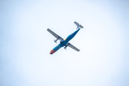 Chiang Mai Thailand -May 28 : ATR-72 of Bangkok AirwaysThailand. Landing to Chiangmai airport 28/05/2015 Place airspace in Chiang mai Thailandのeditorial素材