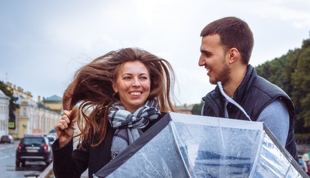 fashion of nice pretty young hipster woman with a handsome man look at each other.の写真素材