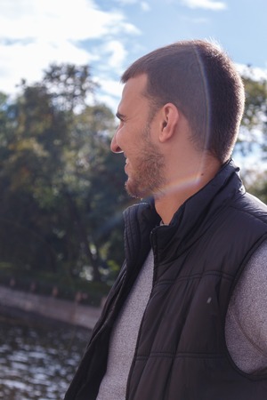 man standing on the river bank.の写真素材