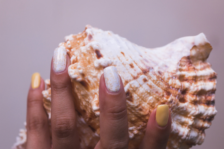 Hands with beautiful manicured nails and sea shell