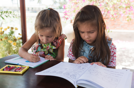 Adorable one little girl drawing artwork top view on crayons in a notebook and girl learn book with mathematicksの写真素材
