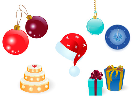 Celebration set of gifts, nice balls, clock and cap on a whiteのイラスト素材