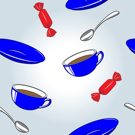 Seamless pattern of cups, saucers, spoons and sweetsのイラスト素材