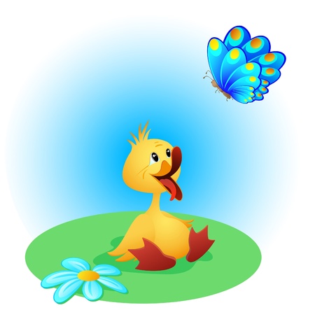 Cute duckling with open beak and a  beautiful  butterflyのイラスト素材