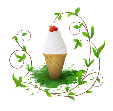 Ice-cream in wafer cone decorated of cherry and an ornament of leavesのイラスト素材
