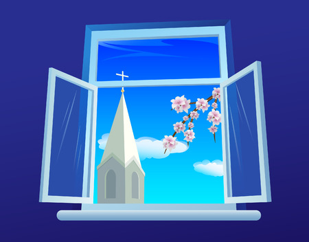 Window  with a view on church and  a blossom branchのイラスト素材