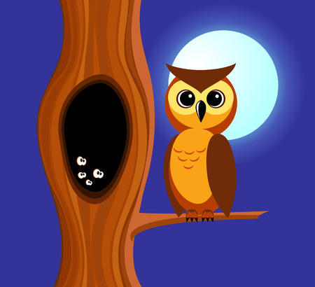 Owl sits on a branch of a tree. In a tree a hollow in which eyes are shone. Night,  full moon.のイラスト素材