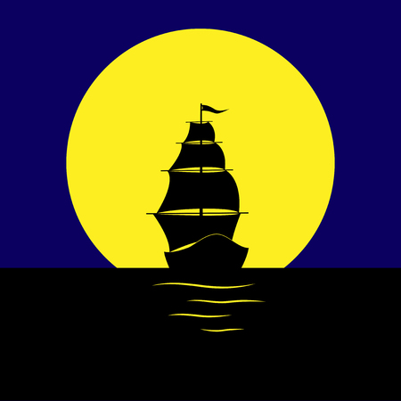 Silhouette of a sailboat in the sea on the background of a huge moon.のイラスト素材